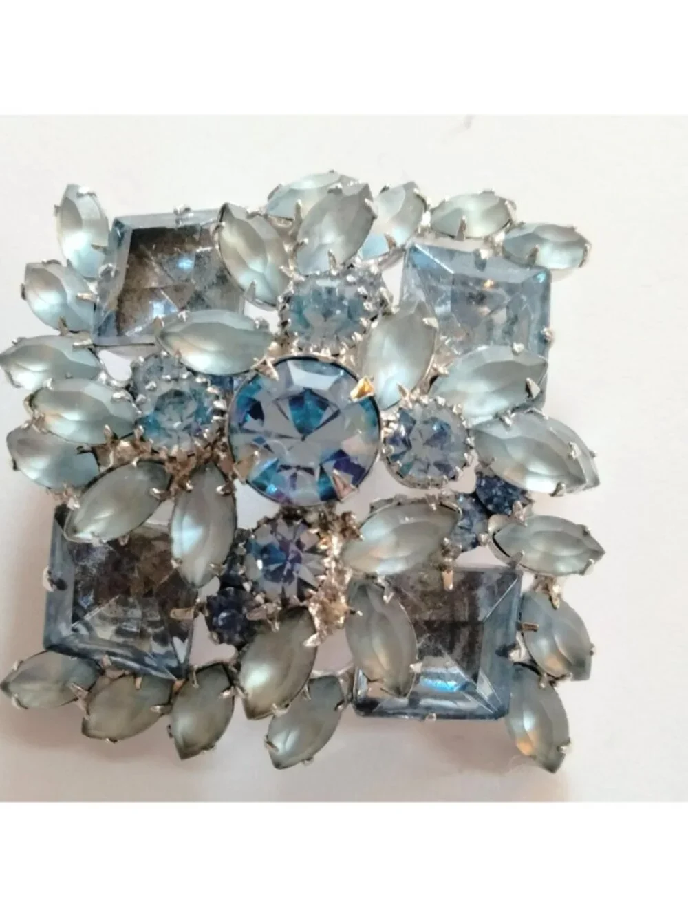 Vintage Blue Rhinestone Brooch Frosted Glass Elegant Statement MCM
